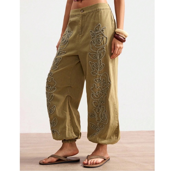 Western Army Green Embroidered Pockets Denim jean Joggers pants - Picture 2 of 7